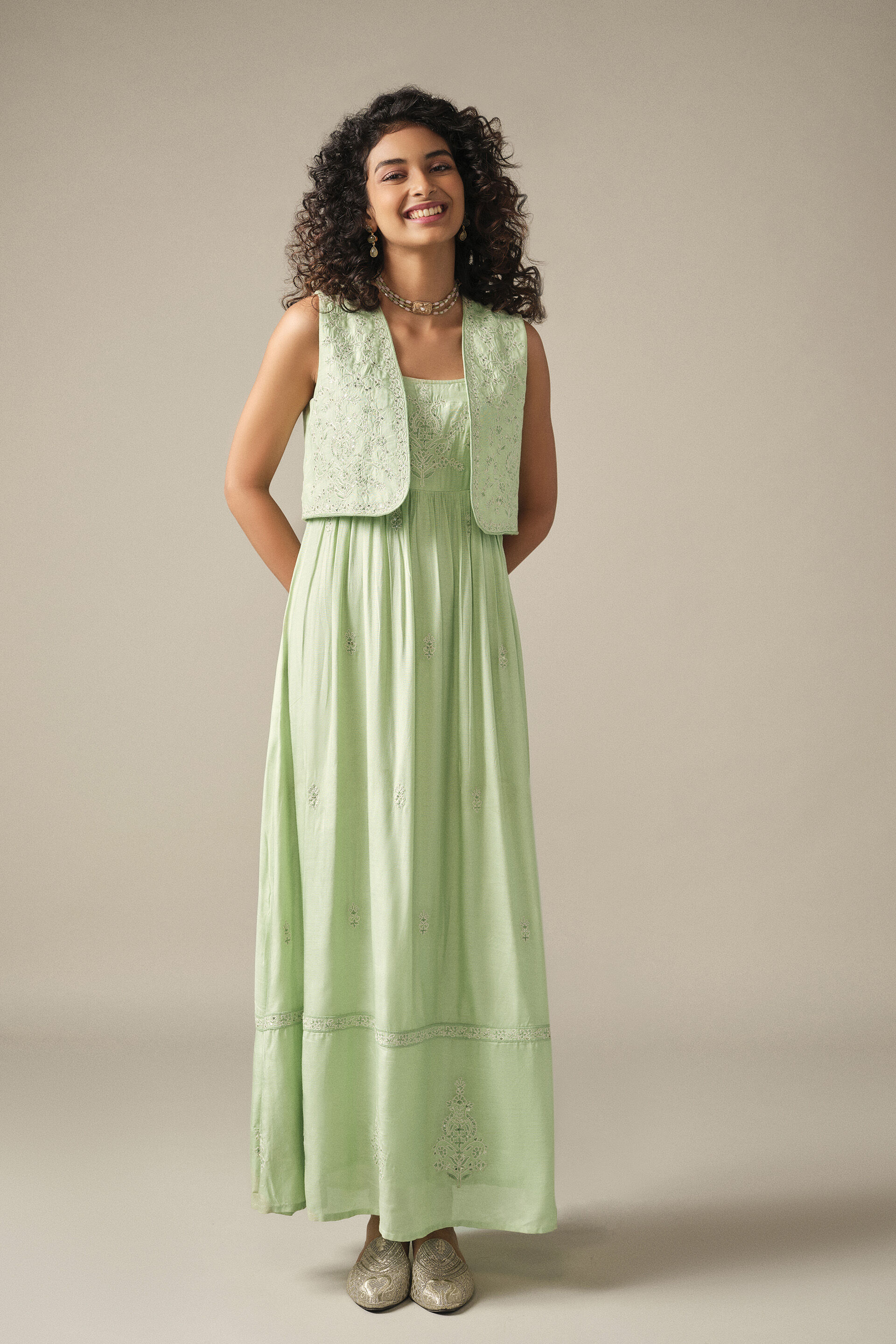 Solid Maxi Jacket Set in Mint